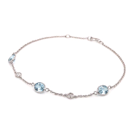 14K White Gold 6.5-7inch Adjustable Oval and Round Bezels Bracelet w/3Aquamarine=.90ctw and 2Diams=.07ctw #55924AQ1