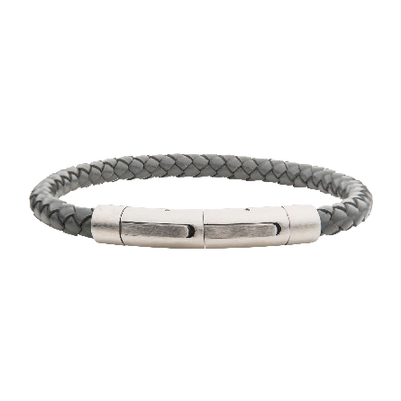 Stainless Steel 8-8.5inch Adjustable 6mm Grey Genuine Leather Brushed Tubular Press Clasp Bracelet #BRLB9016GRY
