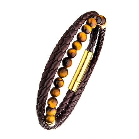 Stainless Steel 8.25inch Brown Leather Double Wrap Tigers Eye Beads Bracelet #BR25661BRN