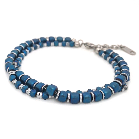 Stainless Steel 7.5-9inch Adjustable Double Row Blue IP Matte Hematite Beads Bracelet #BB-194