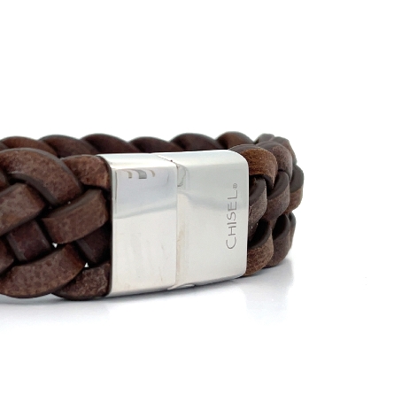 Stainless Steel Chisel Polished Brown Braided Leather 8.75inch Bracelet #SRB1627-8.75