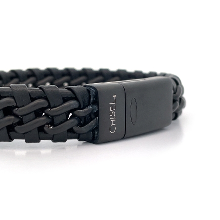 Stainless Steel Chisel  Brushed Black IP-Plated Black Leather 8.5inch Bracelet #SRB2245-8.5