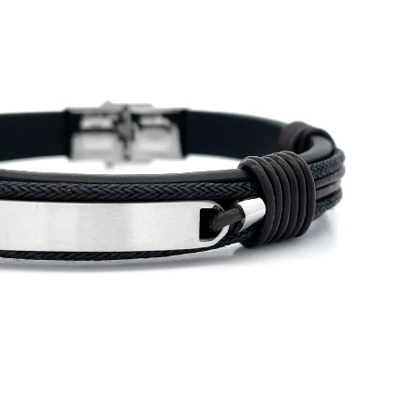 Stainless Steel Chisel  Polished Black and Brown Leather 8.25inch ID Bracelet #SRB2385-8.25