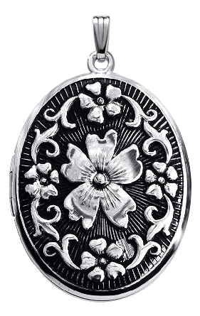 Sterling Silver Oval Black Antiqued Design Floral Locket on 22inch Rope Chain #F285