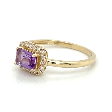 14K Yellow Gold Emerald Shape East-West Halo Fashion Ring w/Amethyst=.65ct and 18Diams=.12ctw Size 6.5 #16621AM