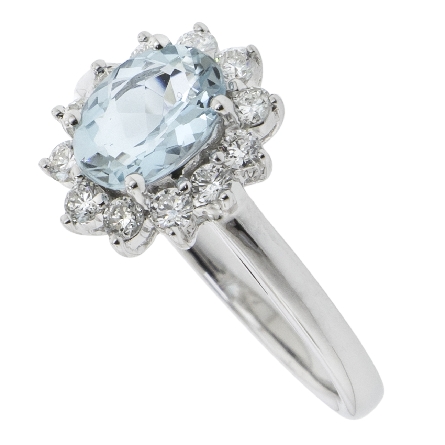 18K White Gold Oval Halo Ring w/Aquamarine=1.12ct and 12Diams=.42ctw SI H-I Size 7 #R-0061486-1