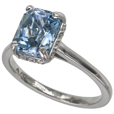 14K White Gold Under Halo Ring w/9x7mm Emerald-Cut Aquamarine=1.98ct and 14Diams=.12ctw SI H-I Size 6.75 #28940L