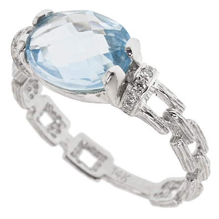 14K White Gold Florentine Square Link Shank Ring w/Blue Topaz=2.83ct and 12Diams=.06ctw Size 6.5 #RG29371-W4BT