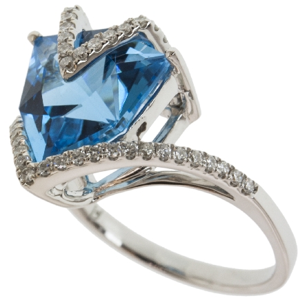 14K White Gold Fashion Ring w/Blue Topaz=5.00ct and 50Diams=.30ctw SI2 H Size 7 #R10366-SBT