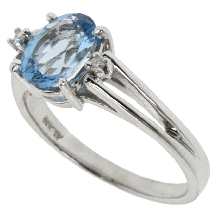 14K White Gold Fashion Ring w/8x6mm Blue Topaz=1.43ct and 2Diams=.03ctw Size 6 #17658L-D