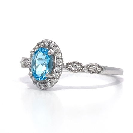 14K White Gold Oval Shaped Halo Fashion Ring w/Blue Topaz=.60ct and 22Diams=.12ctw SI H-I Size 6.5 #16686BT