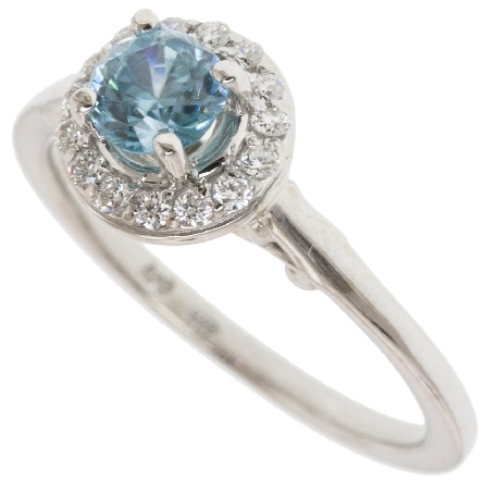 14K White Gold Round Halo Ring w/Blue Zircon=.68ct and 15Diams=.16ctw SI H-I Size 6.5 #25353L