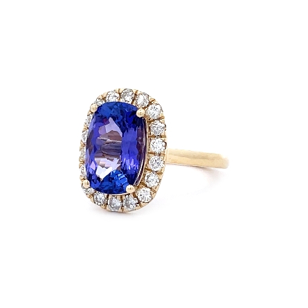 14K Yellow Gold 4Prong Halo Ring Size6.5 w/Elongated Cushion Tanzanite=4.50ctw and 18Diams=.63ctw SI H-I #Q-80248