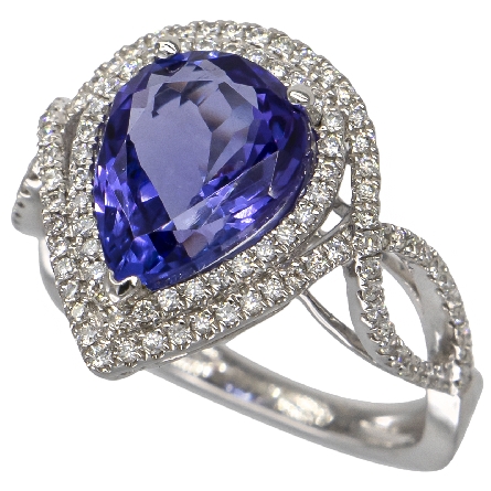 14K White Gold Open Shank Pear Shaped Double Halo Ring w/Tanzanite=3.90ct and Diams=.41ctw SI H-I Size 6.5 #RG19034