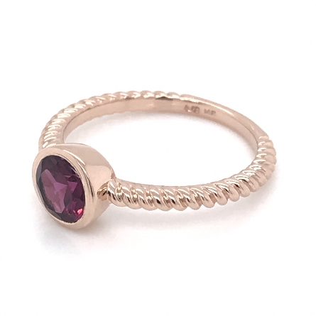 14K Rose Gold Twist Shank Bezel Ring w/Rhodolite Garnet=1.01ct Size 7 #29206L