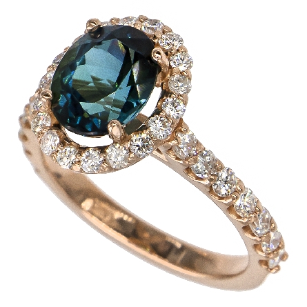 14K Rose Gold Oval Halo Ring w/Blue Tourmaline=2.30ct; 18Diams=.37ctw and 14Diams=.51ctw SI H-I Size 6.75 #122804