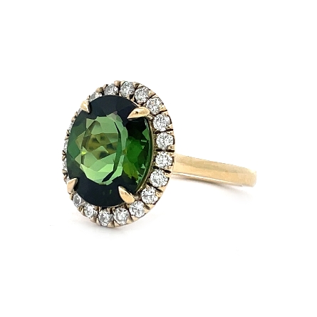 14K Yellow Gold Oval Halo Ring w/1 Green Tourmaline=3.87ct and Diams=.44ctw SI2 G-H Size6.5 
