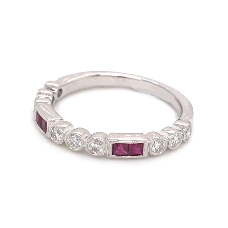 14K White Gold Round and Rectangle Milgrain Bezels Stackable Band w/4 Princess Ruby=.20ctw and Diams=.23ctw SI G-H Size 6.5 #RG26723