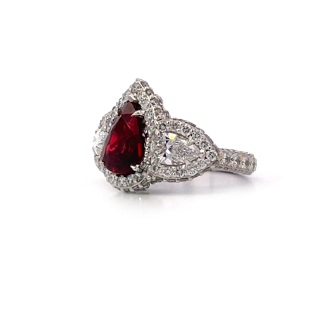 18K White Gold 3Stone Halo Pear Shape Ring w/1 NonHeated Mozambique Vivid Red   Pigeon Blood   Ruby=3.01ct GIA#1196072980 GRS#2023-076583 and 2 Pear Diamonds=1.00ctw IF D GIA#6183980029 & GIA#5191028402 and Round Diams=1.92ctw VS-SI F-G Size6 #R5613 