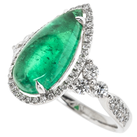 18K White Gold Pear-Shaped Fashion Ring w/Cabochon Emerald=3.79ct and 62Diams=.67ctw VS G Size 6.5 #R31-093440
