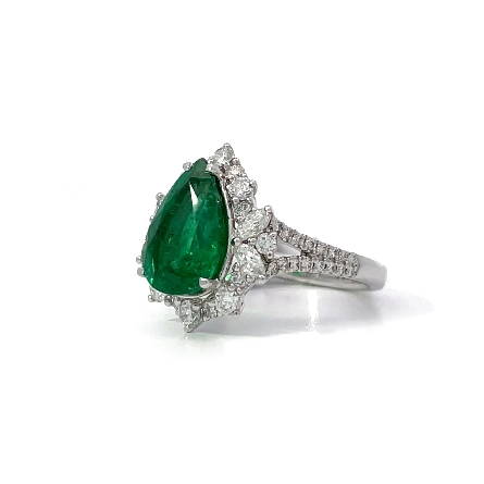 18K White Gold Pear Shaped Halo Ring w/1 Pear Emerald=3.02ct and Marquise Diams=.23ctw and 40Diams=.70ctw SI G-H Size6.5 #R31-163006