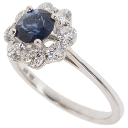 14K White Gold Flower Halo Ring w/Sapphire=.86ct and 8Diams=.78ctw SI H-I Size 6.75 #24370L