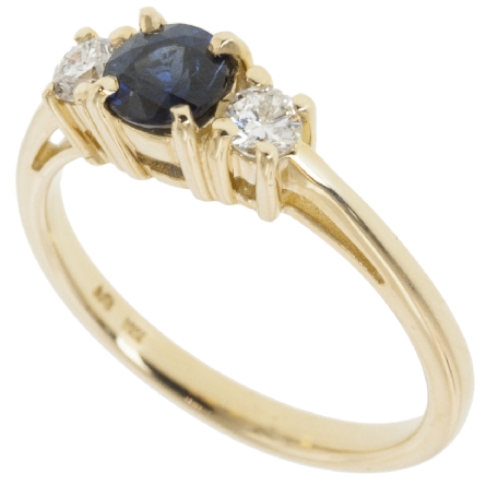14K Yellow Gold 3Stone Ring w/Sapphire=.61ct and 2Diams=.24ctw SI I-J Size 7 #23507L