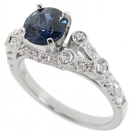 14K White Gold Bezel Milgrain Engagement Ring w/Sapphire=1.44ct and Diams=.60ctw VS H Size 6.25