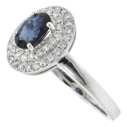 14K White Gold Oval Double Halo Fashion Ring w/Sapphire=.96ct and 42Diams=.28ctw VS H Size 6.5 #15645S