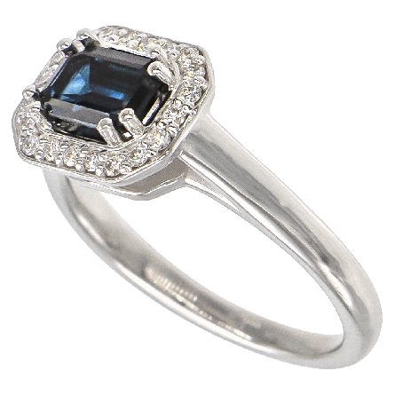14K White Gold Halo Ring w/7x5mm Emerald-Cut Sapphire=1.13ct and 20Diams=.14ctw SI H-I Size 7 #71641