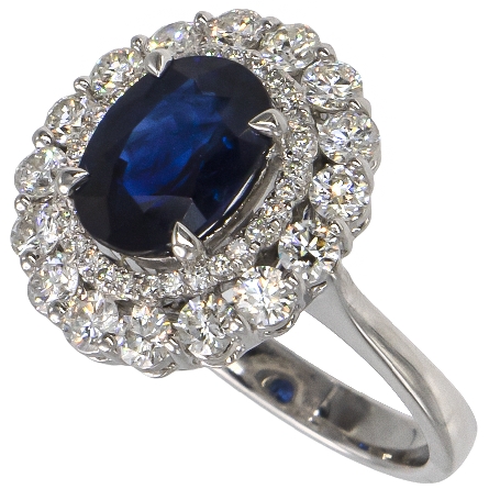 18K White Gold Double Halo Ring w/Oval Sapphire=2.85ct and 46Diams=1.14ctw VS G-H Size 6.5 #R31-135246