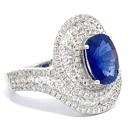 18K White Gold Swirl Halo Fashion Ring w/1Oval Blue Sapphire=2.14ct and Diams=1.20ctw SI H-I Size6.25 #ERVR02