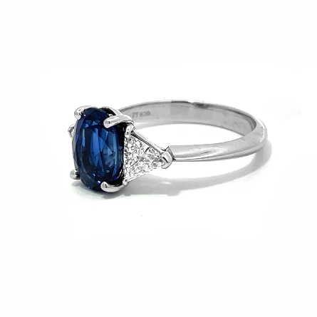 Platinum 3Stone Ring w/1 Oval Sapphire=3.08ct and 2 Trillion Diamonds=.56ctw VS-SI G-H Size6.75 #BY112