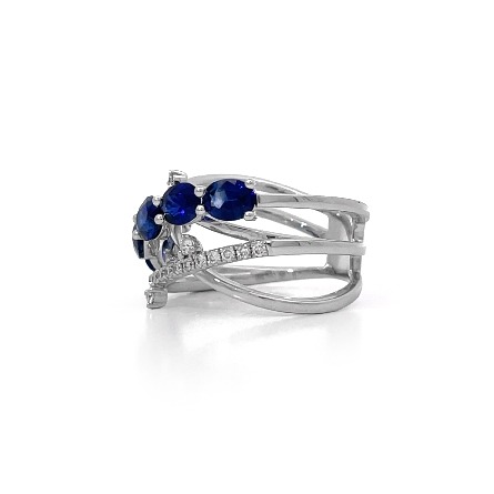 18K White Gold 4Row Crossover Fashion Ring w/5Sapphires=2.21ctw and 23Diams=.25ctw VS H-I Size6.5 #R39-160658