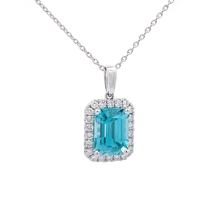 14K White Gold 16-18inch Adjustable Halo Pendant w/EmeraldCut Blue Zircon=2.44ct and Diams=.20ctw VS-SI G-H #PP1037DBZ