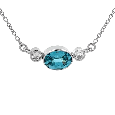 14K White Gold 18inch East-West Bezel Necklace w/Blue Zircon=1.28ct and 2Diams=.13ctw SI H-I #87452