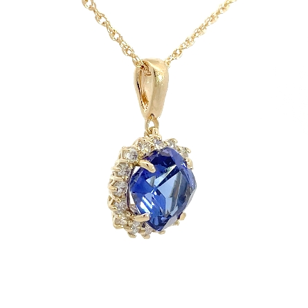 14K Yellow Gold 18inch Chain and Cushion Halo Pendant w/Kite Shaped Tanzanite=2.93ct and 16 Diams=.42ctw SI H-I #85654