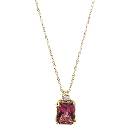 14K Yellow Gold Rectangle Necklace w/9x7mm Emerald-Cut Pink Tourmaline=2.54ct and 1Diam=.10ct SI H #C15096