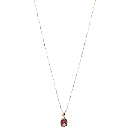 14K Yellow Gold Cushion Pendant w/Concave-Cut Pink Tourmaline=2.65ct and 1 Emerald-Cut Diam=.24ct VS G on 18inch Chain 