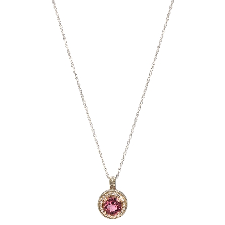 14K White and Rose Gold Halo Pendant w/Pink Tourmaline=2.00ct and 24Diams=.15ctw on 18inch Chain #86878
