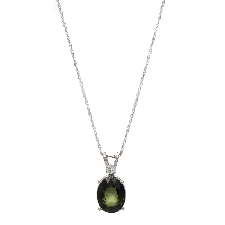 14K White Gold 16x12mm Oval Pendant w/14.6x11.7mm Green Tourmaline=9.32ct and Diam=.18ct SI H-I on 18inch Chain #1894