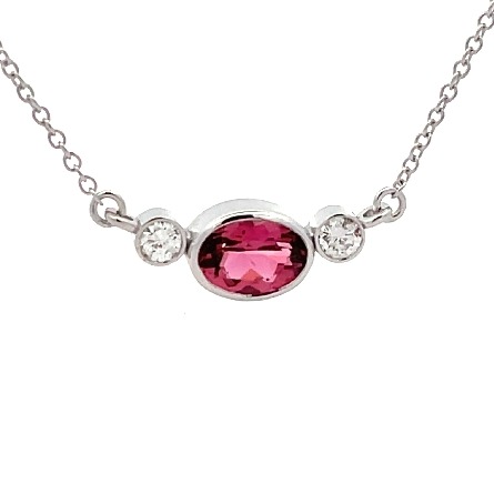 14K White Gold 16inch East-West Bezel Necklace w/Pink Tourmaline=.77ct and 2Diams=.13ctw SI H-I #87452