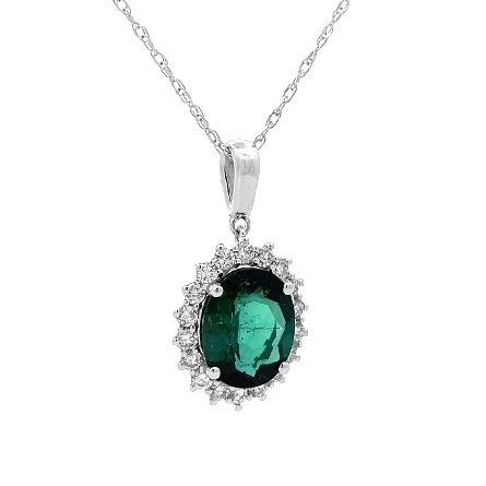 14K White Gold Oval Halo Pendant w/Green Tourmaline=3.37ct and 18Diams=.54ctw SI H-I on 18inch Chain #85654