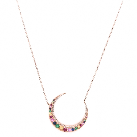 14K Rose Gold Crescent Moon 16-18inch Adjustable Necklace w/Ruby; Emerald and Multi Sapphire=.54ctw and 62Diams=.14ctw #MN002473