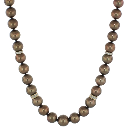 14K Yellow Gold Clasp w/12D=.08tw and Rondelles w/D=.10tw on 8-10.5mm Enhanced Chocolate Pearl 18inch Necklace 