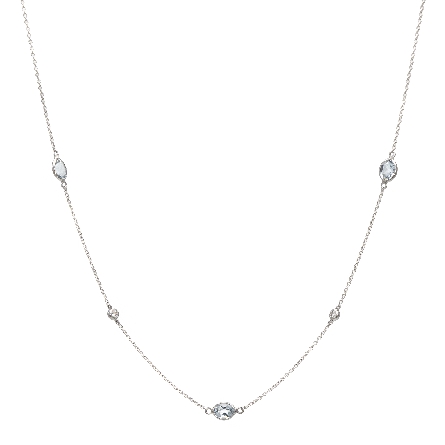 14K White Gold 15.5-16inch Adjustable 5Bezels Necklace w/3 Aquamarine=.90ct and 2Diams=.07ctw SI H-I #44770AQ3