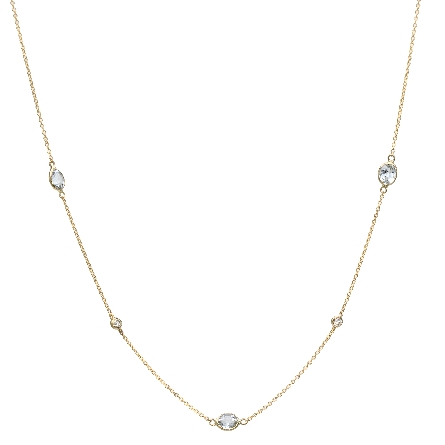 14K Yellow Gold 15.5-16.5inch Adjustable 5Bezels Necklace w/3 Aquamarine=.90ct and 2Diams=.07ctw SI H-I #44770AQ3