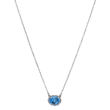14K White Gold 16.5inch Oval East-West Halo Necklace w/Blue Topaz=2.29ct and Diams=.05ctw SI H-I #85903