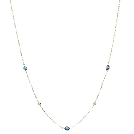 14K Yellow Gold 15.75-16inch Adjustable 5Bezels Necklace w/London Blue Topaz=1.35ct and 2Diams=.07ctw #44770BT13