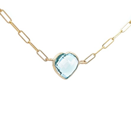 14K Yellow Gold Adjustable 15.75-18inch Blue Topaz Heart Station Paperclip Necklace 2.50gr #C1923-18